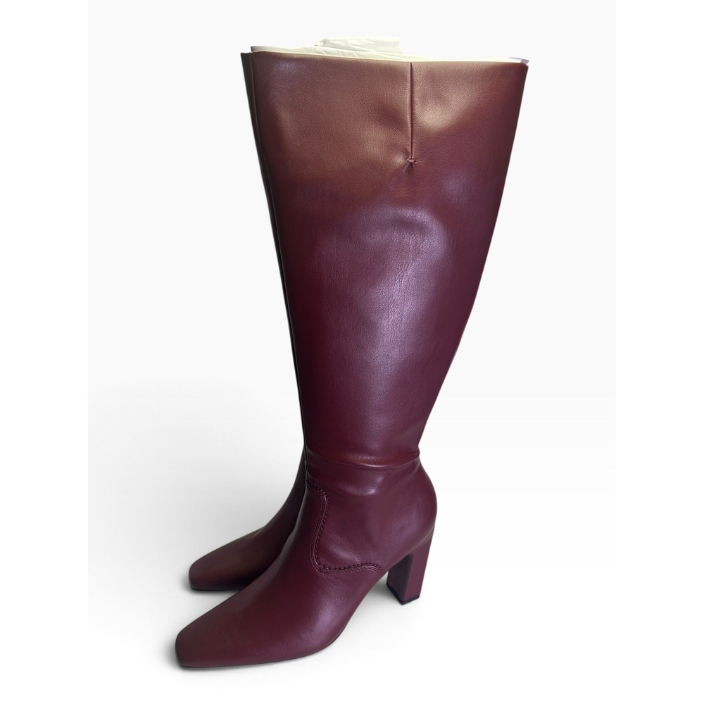 Franco Sarto Bowman Knee High Boots Berry Red Leather Block Heel 9.5 M Wide Calf